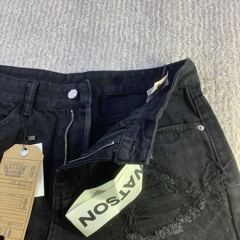 Watson Denim Mens 32 x‎ 29 Black Distressed Embroidered Graphic Jeans NWT